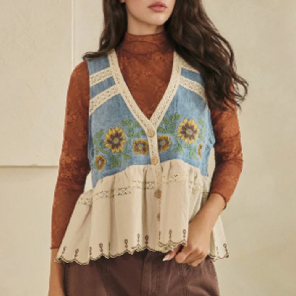 Oli & Hali Sunflower Embroidered Denim Peplum Vest XL NIB - Western Romance